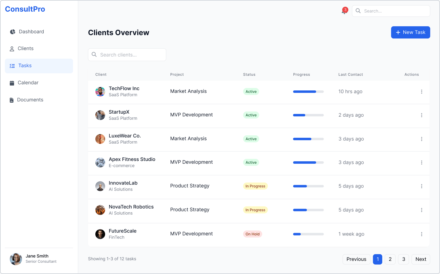 Client dashboard from the CRM, showing accounts, project status, progress and last contact in one view