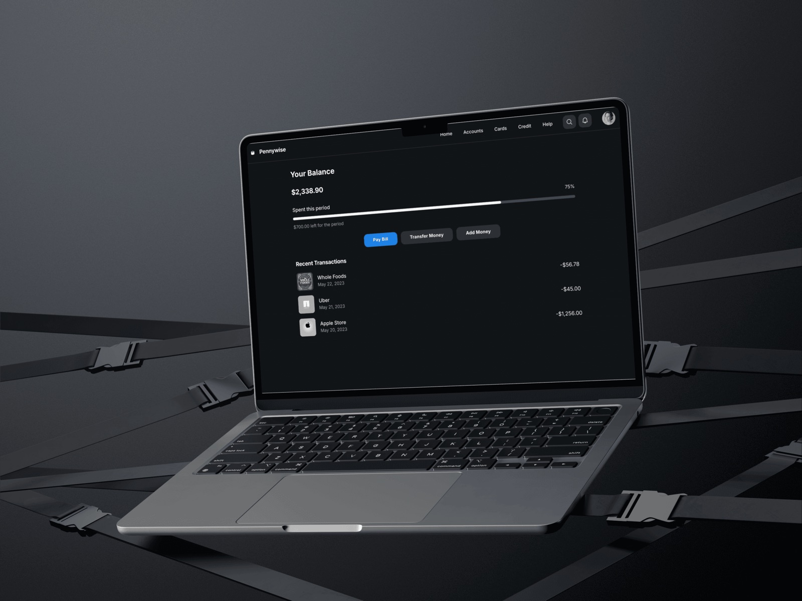 The personal finance app on a laptop, showing balance, spend against budget and recent transactions